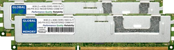 8GB (2 x 4GB) DDR3 1600MHz PC3-12800 240-PIN ECC REGISTERED DIMM (RDIMM) MEMORY RAM KIT FOR HEWLETT-PACKARD SERVERS/WORKSTATIONS (4 RANK KIT CHIPKILL)